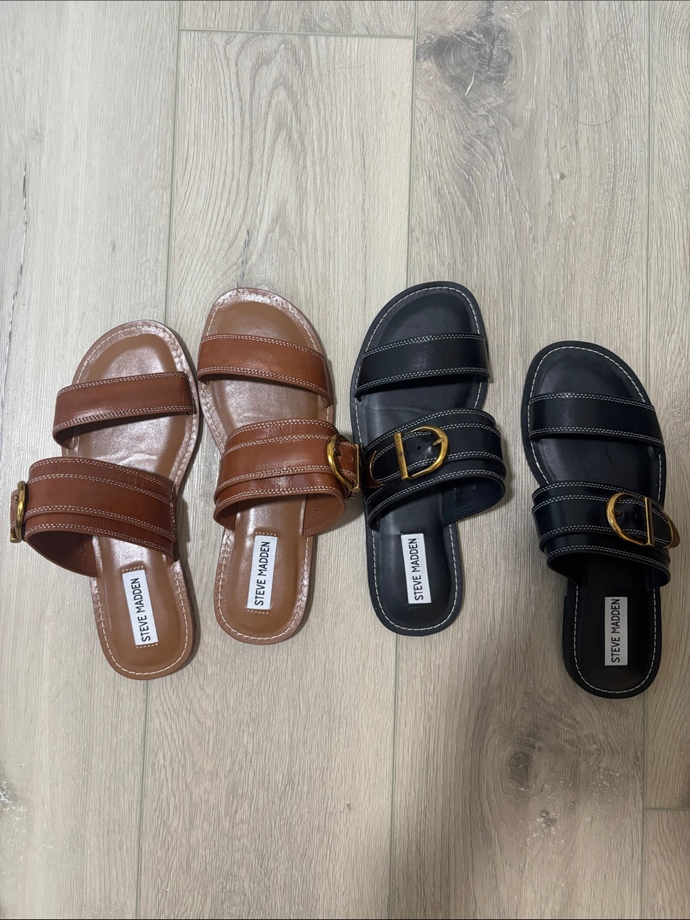 Steve Madden Brown and Black Double Strap Buckle Slide Sandals